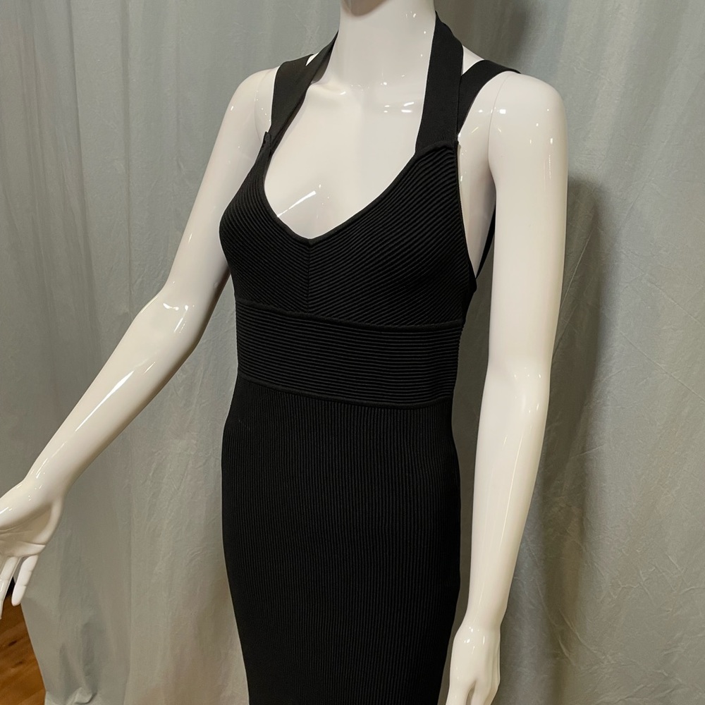 Vintage Textured Ribbed Multi Strap Bodycon Black Dress Low Cut SALE